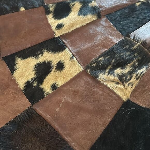 Leather Cowhide Patchwork Circular Rug Brown and Black - Picture 9 of 15
